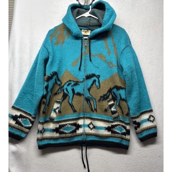 SW Aztec Hoodie VTG Zip Up Wool Blend Hooded Jacket Size Small 90s Teal Horse - Picture 1 of 4